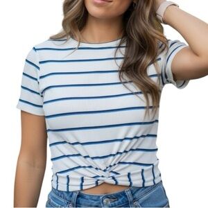 Gaze Medium Cropped Twist Front White Ribbed Blue Black Striped Shirt